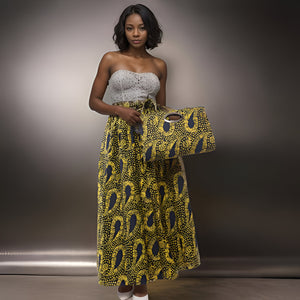 African Yellow Ankara Print Long 8 Panel Skirt & Handbag Set