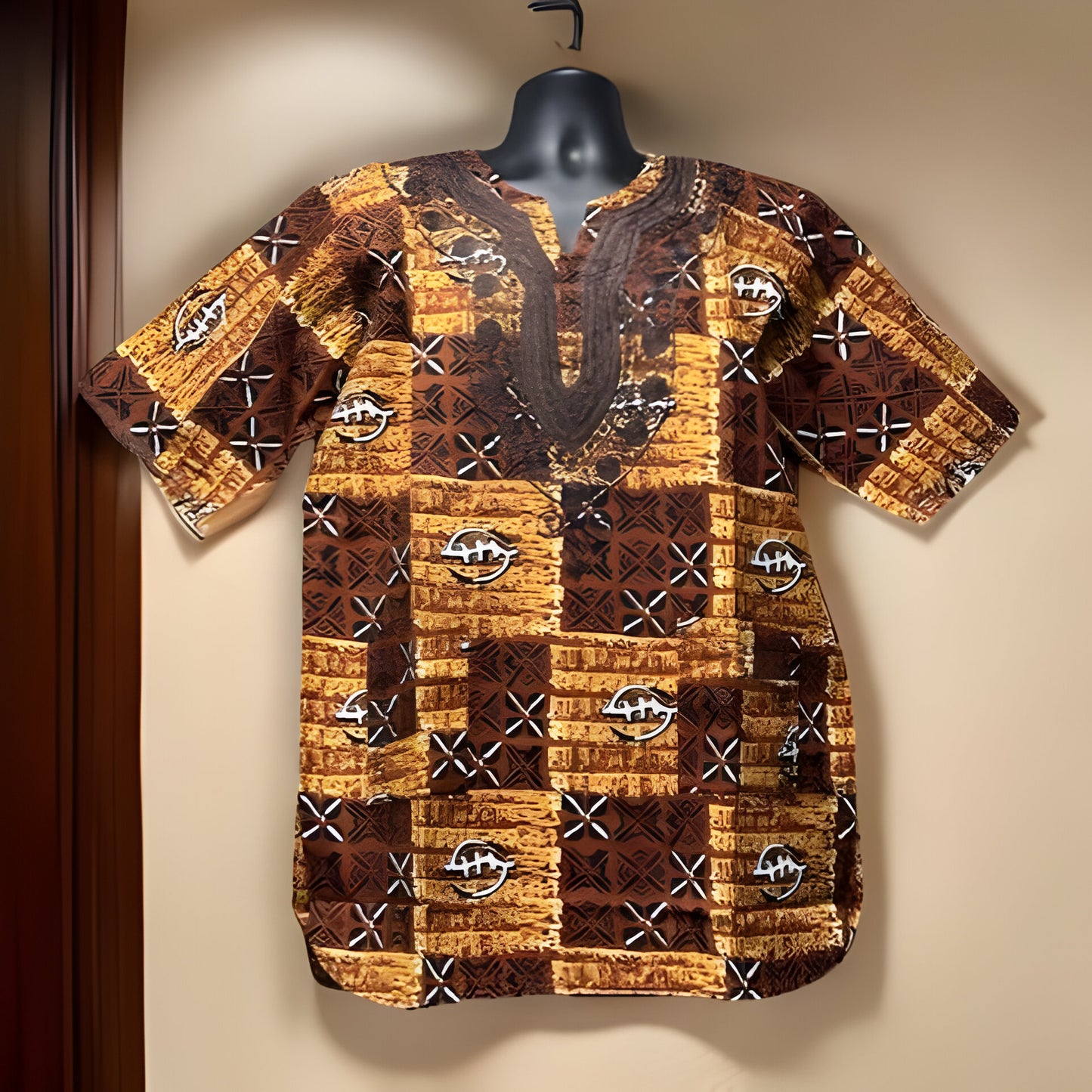 African Men's Brown Print Short Sleeve Dashiki Shirt