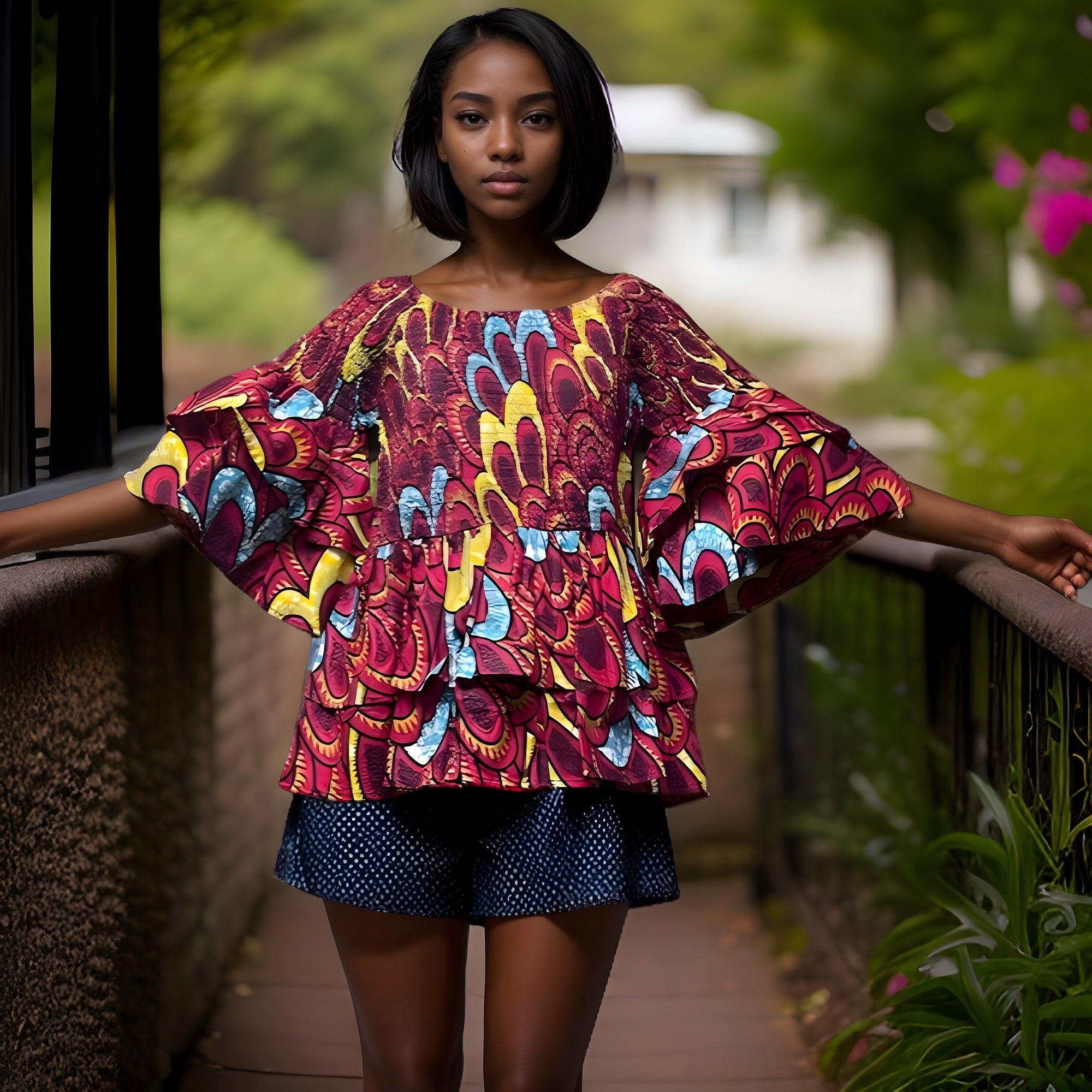 Ankara Double Layer Purple Print Smoked Peplum Blouse