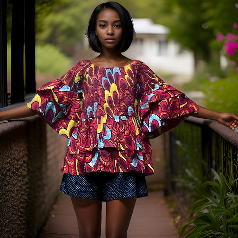 Ankara Double Layer Purple Print Smoked Peplum Blouse