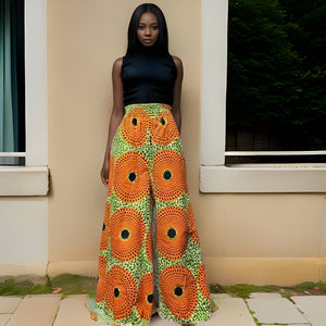 African Print Palazzo Pants & Bag Set (Orange Disc Print)