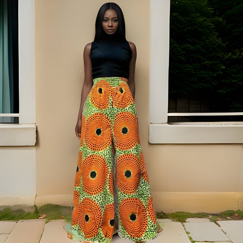 African Print Palazzo Pants & Bag Set (Orange Disc Print)