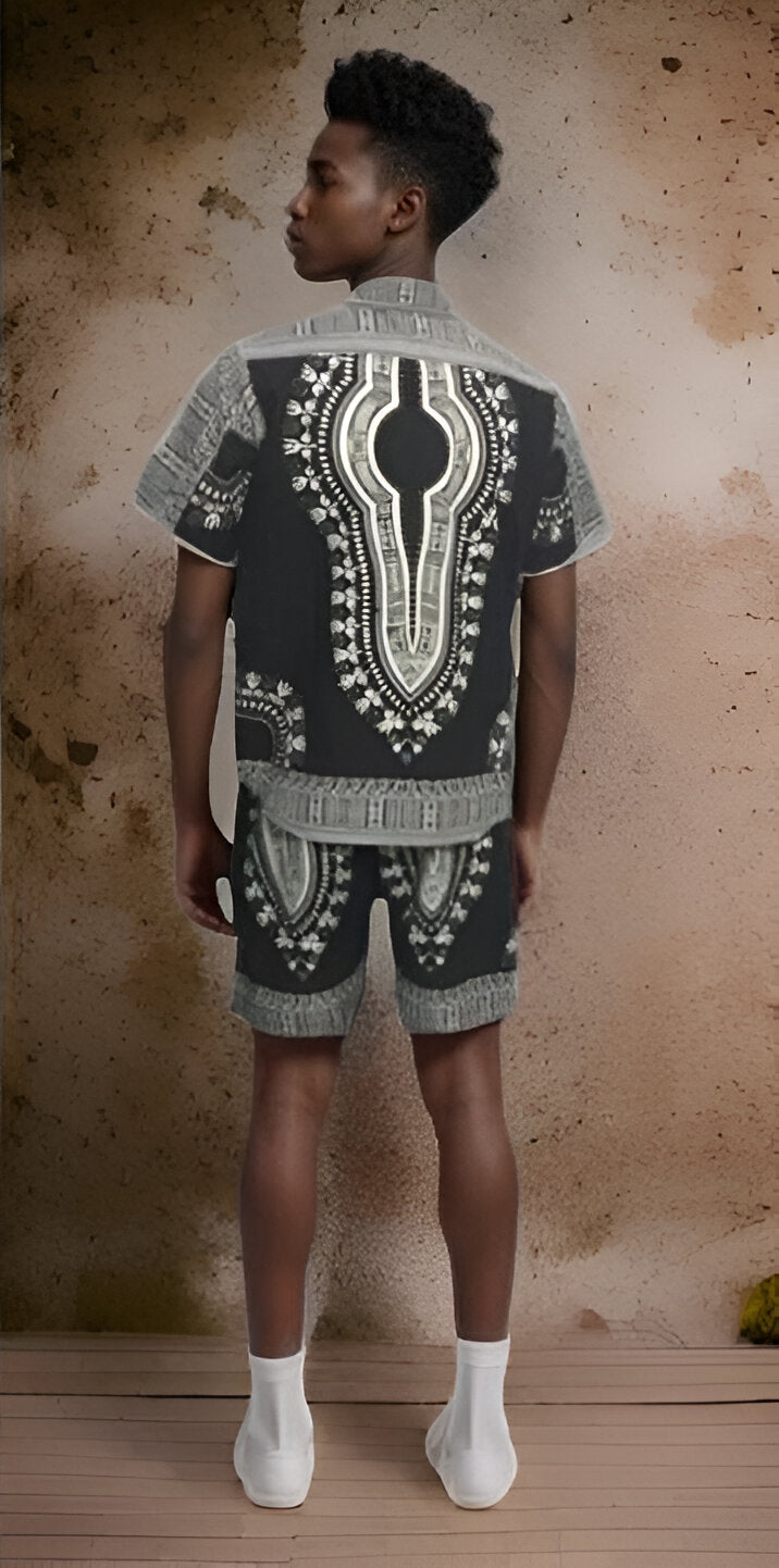 Men's Black/White African Traditional Dashiki Print Shorts Set