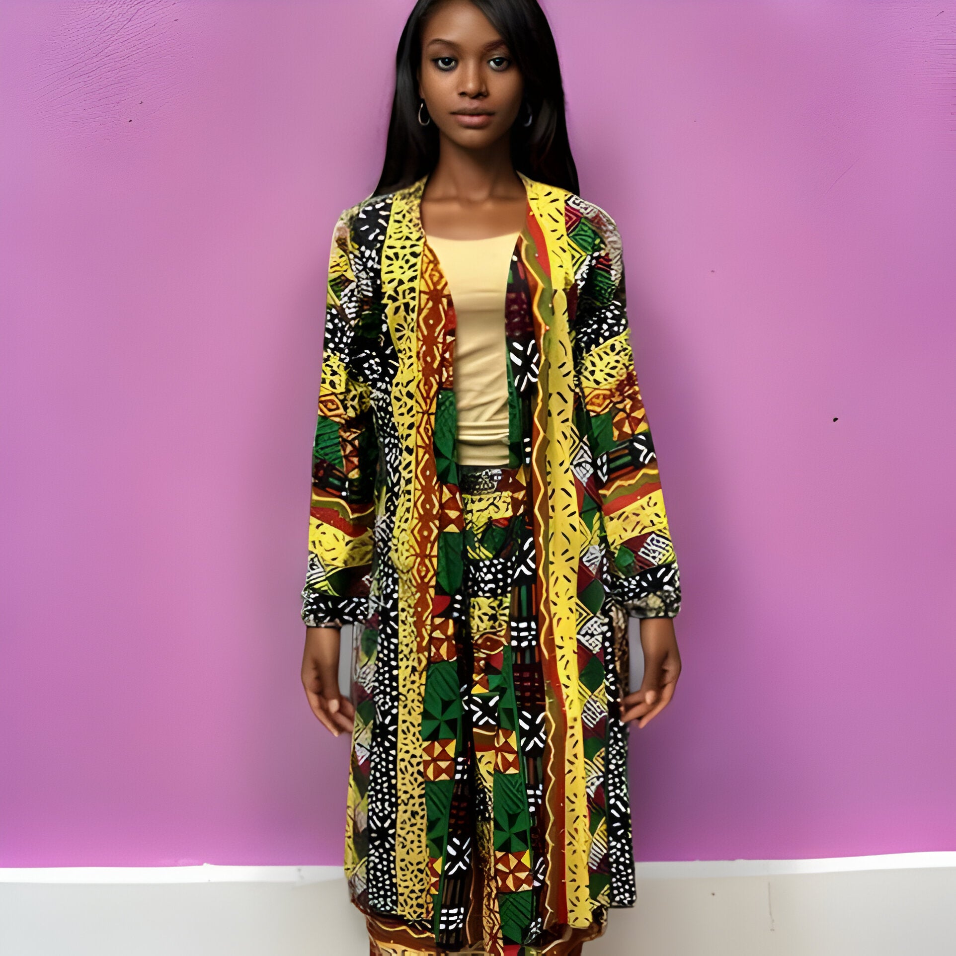 African Ankara Print Long Duster & Pants Set (Green/Yellow Multi-Print)