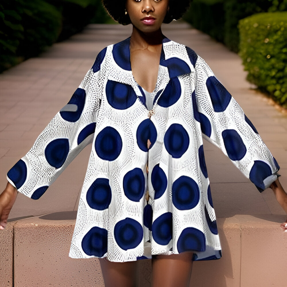 Authentic African Blue/White Disc Print Big Button Tunic Dress