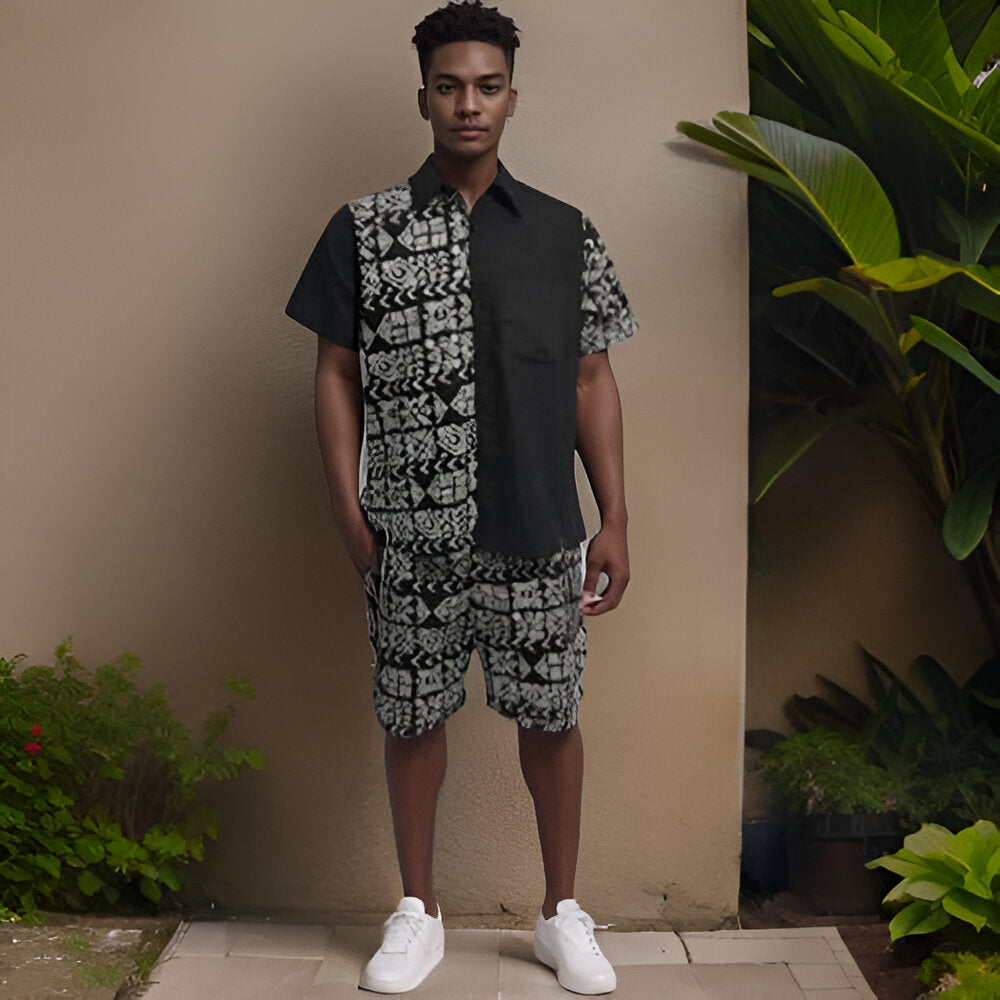 Men s Black White African Print Shorts Set