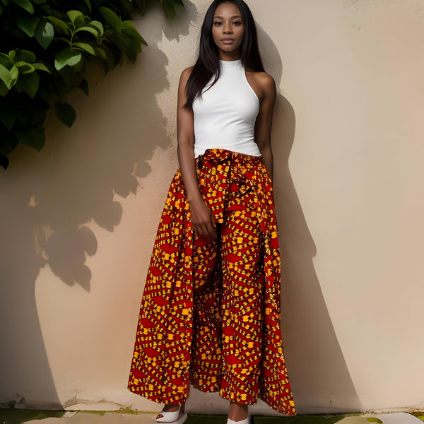 Authentic African Print Red/Gold Long Caped Pants