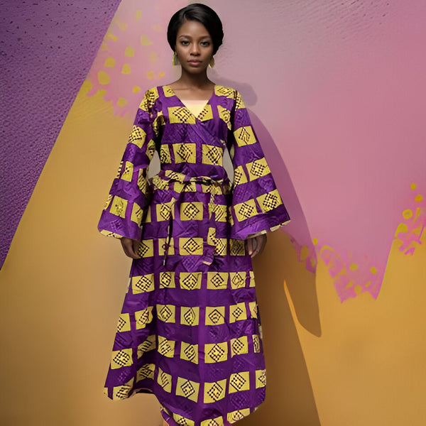 Women's Purple/Gold African Print Wrap Dress