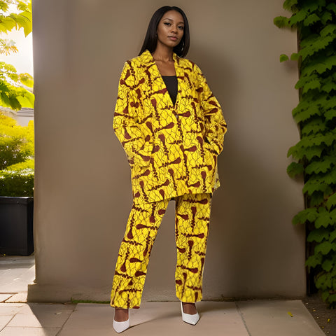 Women's Yellow African Print Blazer and Pants Set