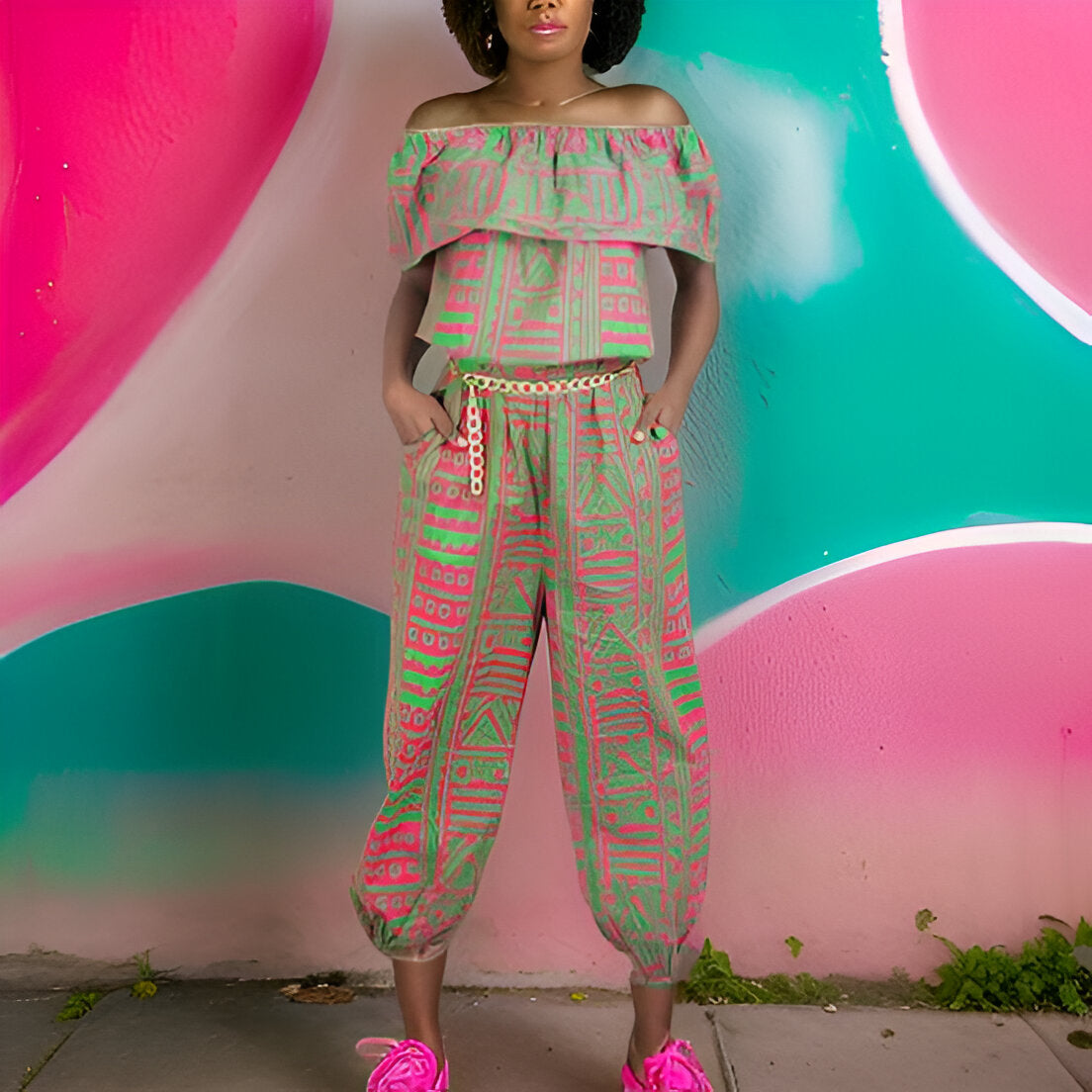 Pink/Green African Print Jumpsuit