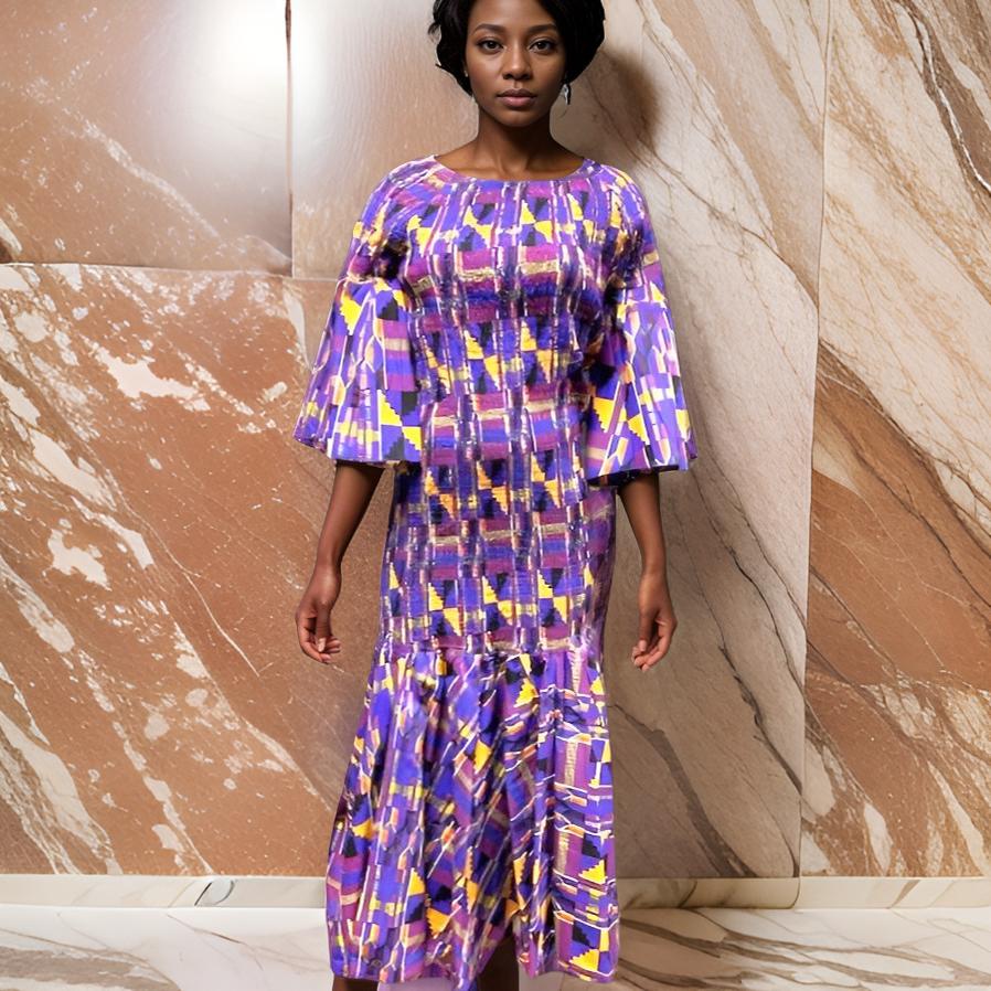 Women's African Purple Kente Print Smock Mermaid Maxi Dress