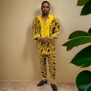 Men's Gold/Brown Print Dashiki Pants Set