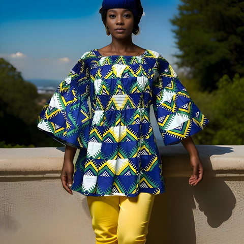 Ankara Double Layer Blue White Print Smoked Peplum Blouse