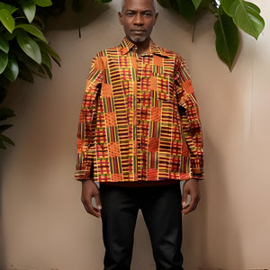 Men's Long Sleeve Kente Style1 Dashiki Shirt (Large)