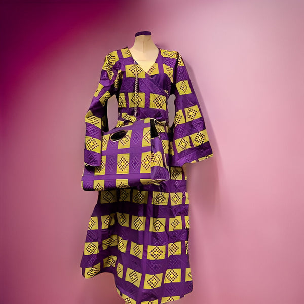 Women's Purple/Gold African Print Wrap Dress