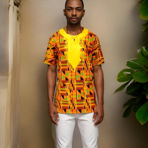 Men's Embroidered Short Sleeve Kente Style2 Dashiki Shirt