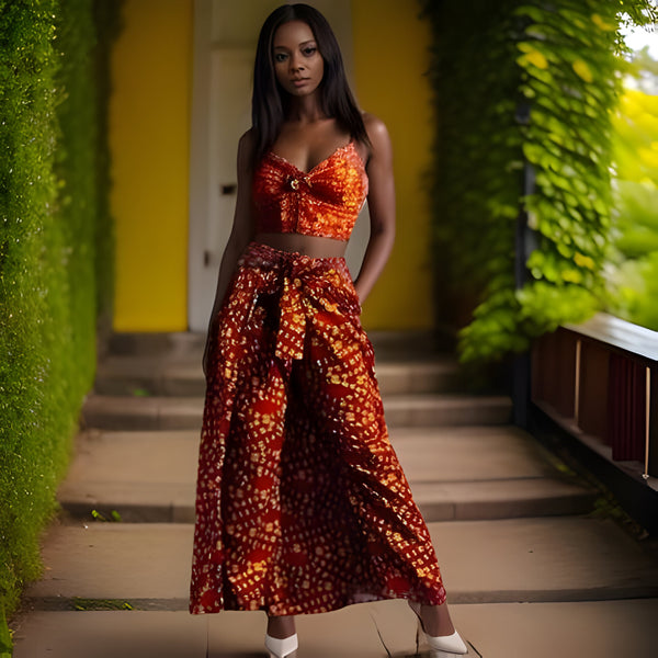 Authentic African Print Red/Gold Long Caped Pants