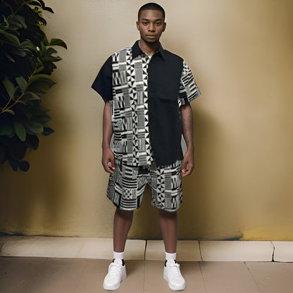 Men's White/Black African Print Shorts Set