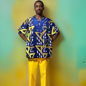 African Men's Blue/Yellow Print Short Sleeve Dashiki Shirt