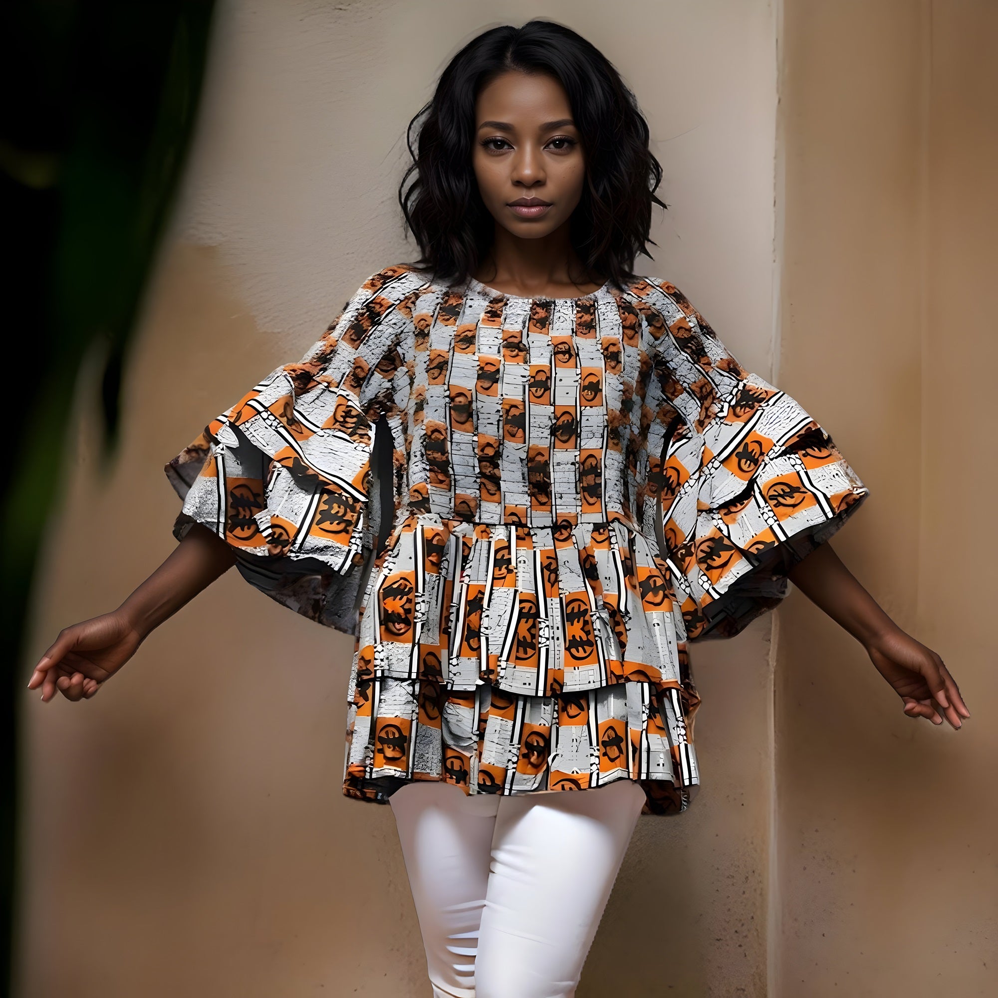 Ankara Double Layer Gye Nyame Print Smoked Peplum Blouse