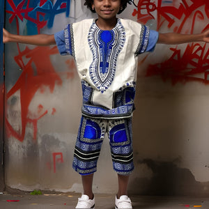 Boys White Blue African Dashiki Pant Set (XL)