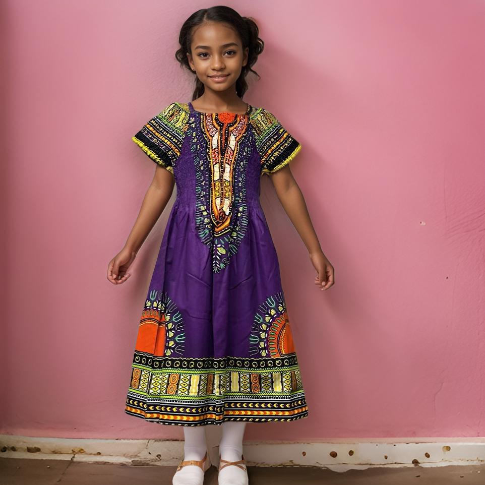 Girl's Smocked Dashiki Maxi Dress (Purple)