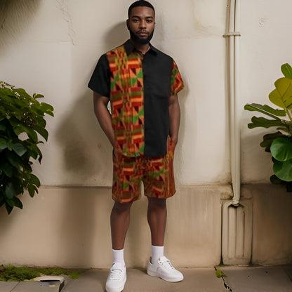 Men's Black/Kente African Print Shorts Set