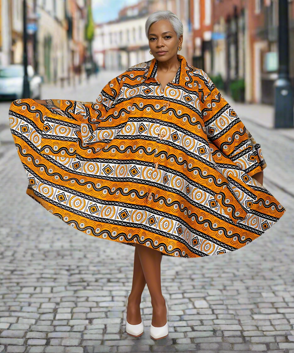 Authentic African Yellow/White/Black Print Big Button Tunic Dress