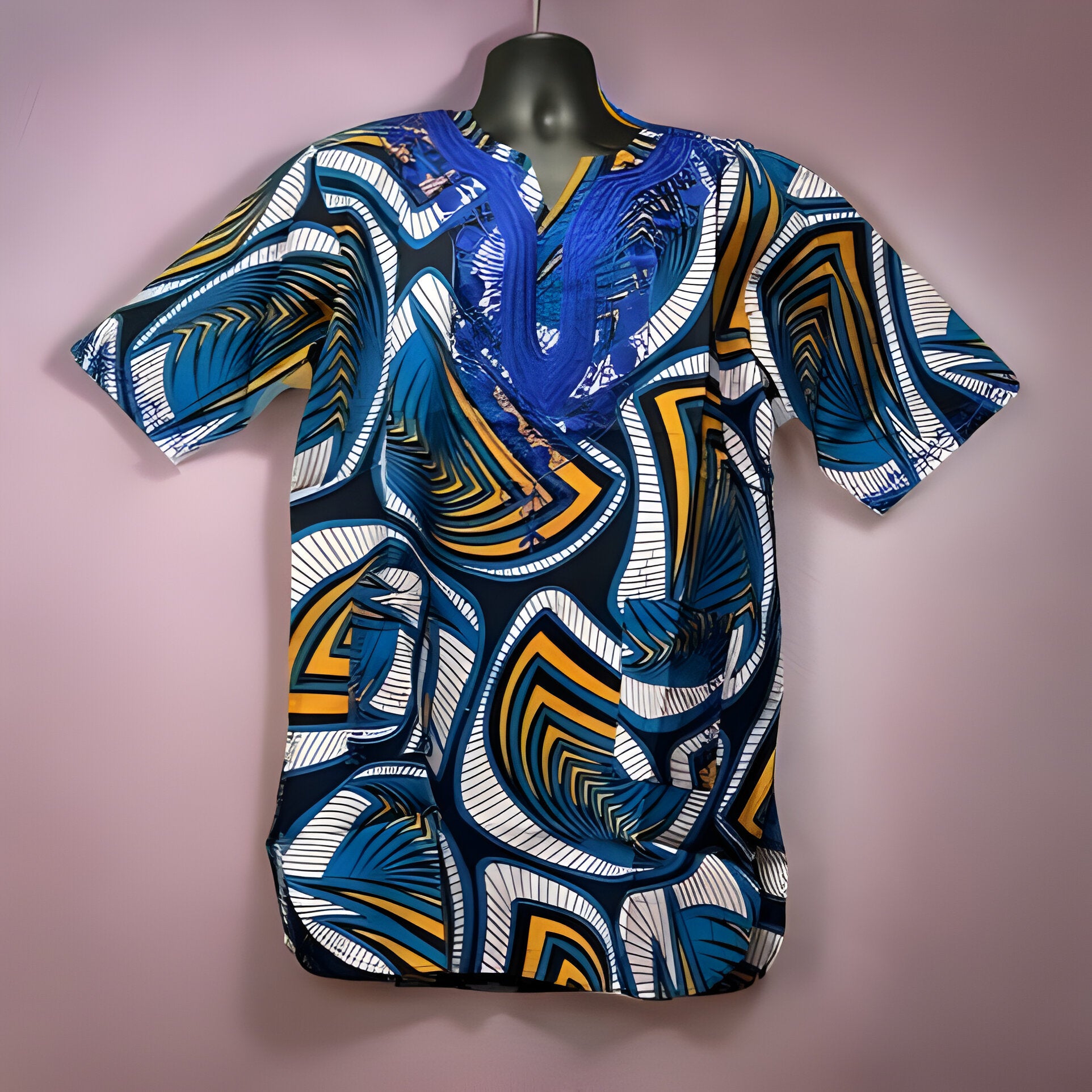 African Men's Blue Print Short Sleeve Dashiki Shirt