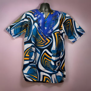 African Men's Blue Print Short Sleeve Dashiki Shirt