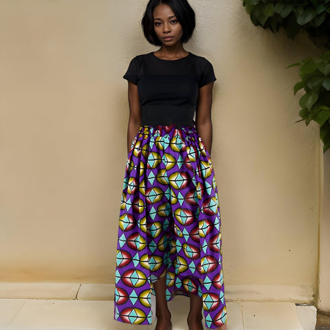 African Wax Purple Print Caped Capri Pants