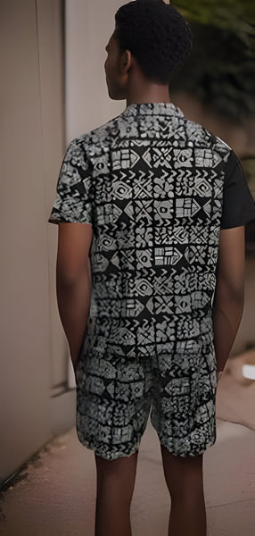 Men's Black/White African Print Shorts Set