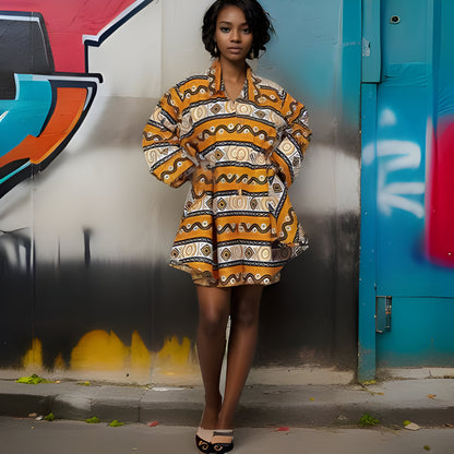 Authentic African Yellow/White/Black Print Big Button Tunic Dress