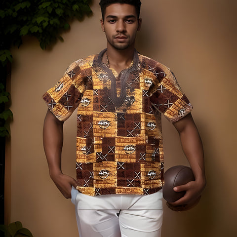 African Men's Brown Print Short Sleeve Dashiki Shirt