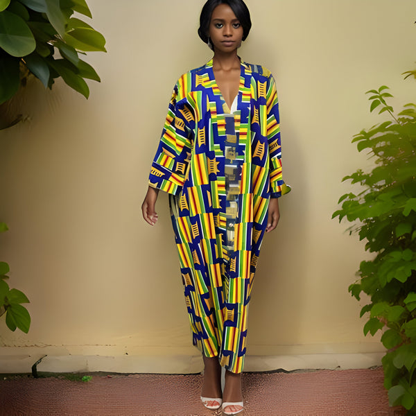 African Ankara Blue Royal Crown Print Long Duster