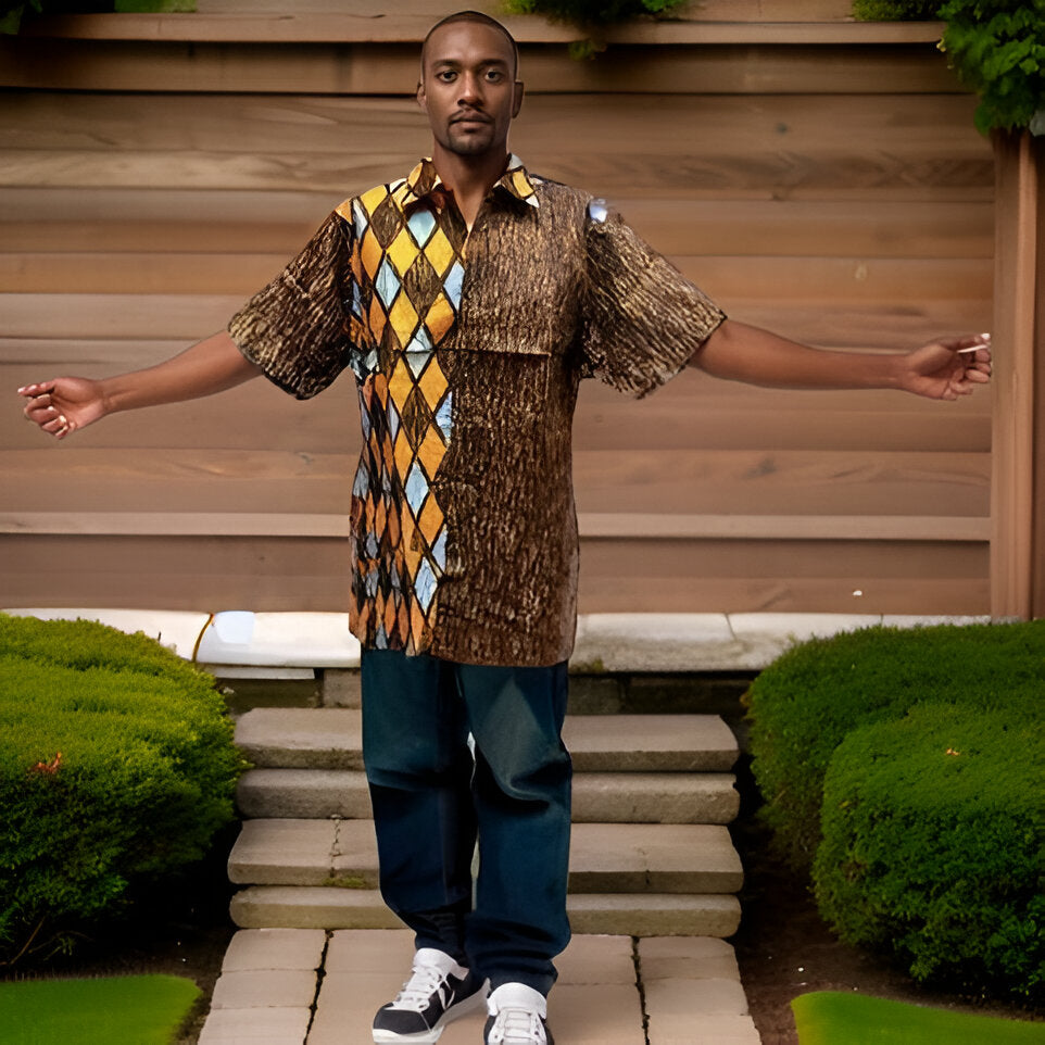 Men's Brown/Orange/Blue Print Short Sleeve Button Down Shirt