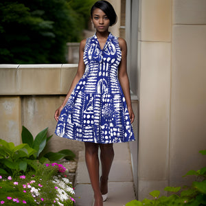 Authentic African Print Three Button Short Dress (Blue/White)