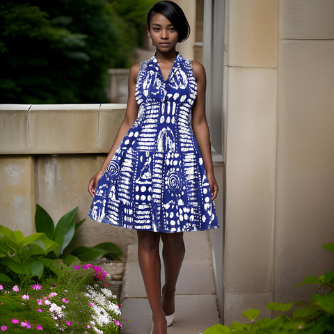 Authentic African Print Three Button Short Dress (Blue/White)