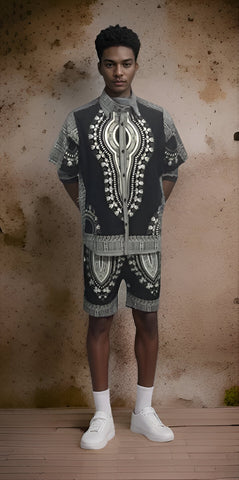 Men's Black/White African Traditional Dashiki Print Shorts Set