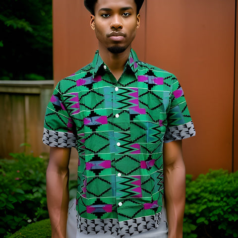 Men's Royal Green/Black/Purple African Print Kente Shirt (Large) - Premium African Apparel from MAGOS - Just $18! Shop this and more African Apparel now 