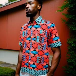 Men's Red/Black/Aqua/Blue/Fuchsia African Print Kente Shirt - Premium African Apparel from MAGOS - Just $18! Shop this and more African Apparel now 