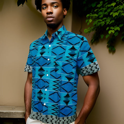 Men's Blue/Black/Green African Print Kente Shirt - Premium African Apparel from MAGOS - Just $18! Shop this and more African Apparel now 