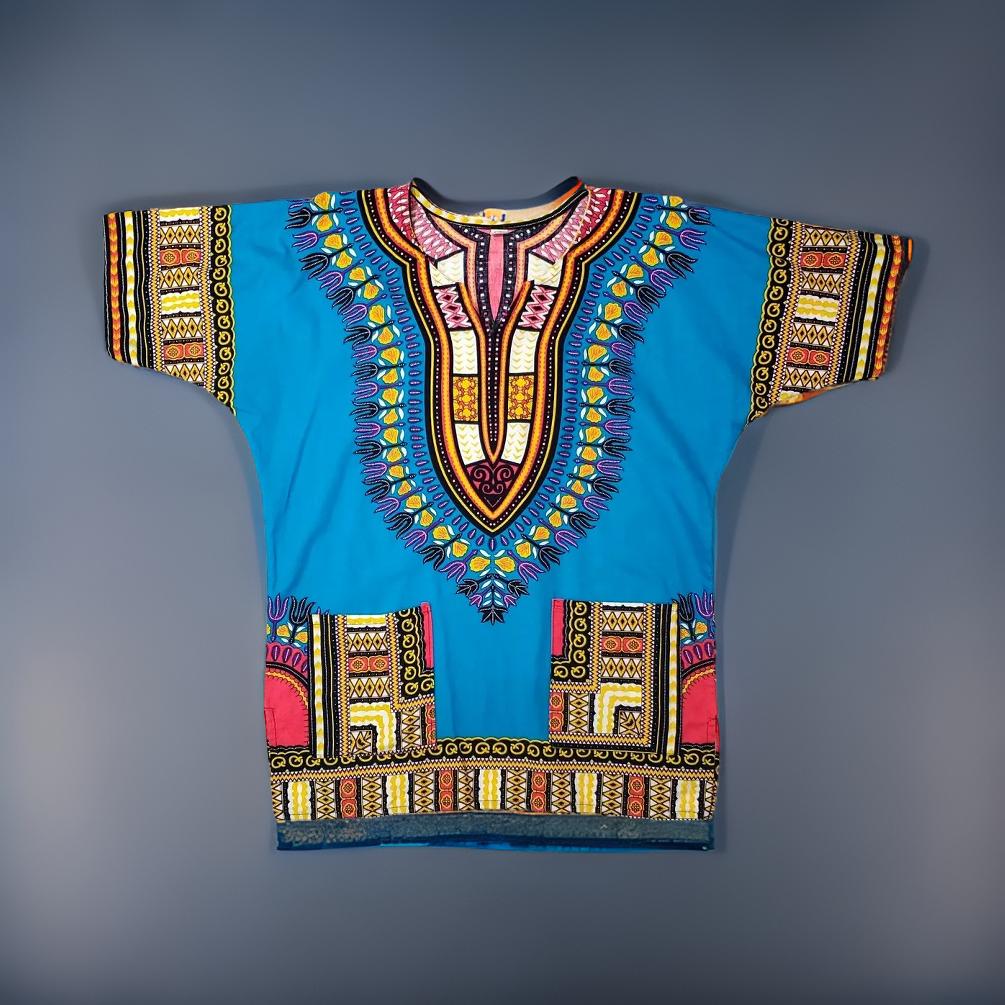 Traditional Print Light Blue/Pink Unisex Dashiki Shirt (XL)