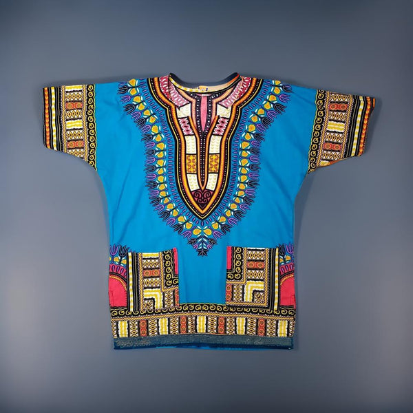 Traditional Print Light Blue/Pink Unisex Dashiki Shirt (XL)