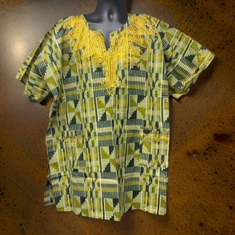 Men's Green Kente African Print Embroidered Dashiki Shirt