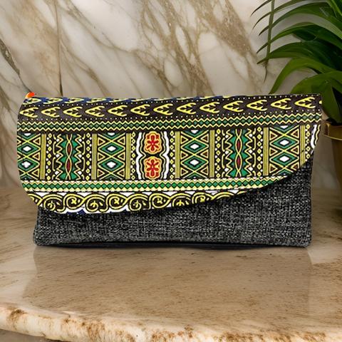 African Inspired Denim Dashiki Print Woven Small Clutch Purse