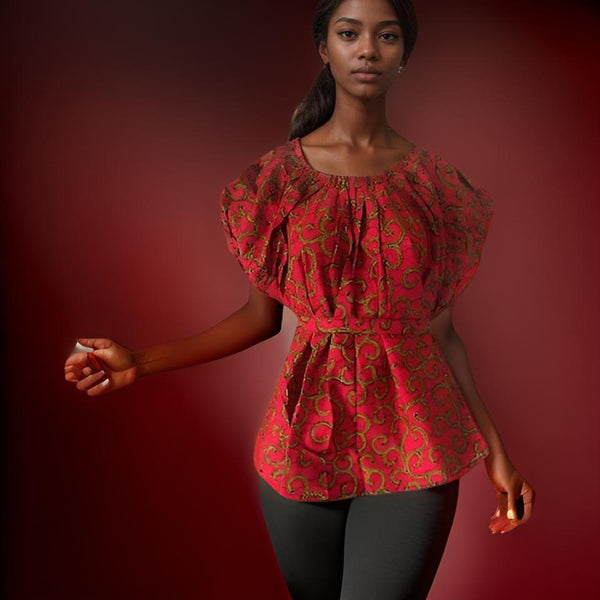 Women's African Print Frill Top Blouse with Belt