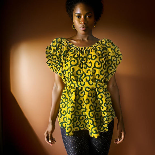 Women's African Print Frill Top Blouse with Belt