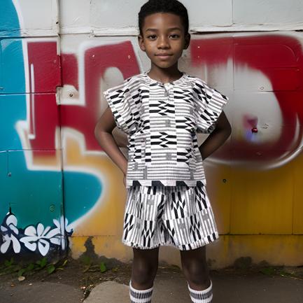 Kids Black/White Print Dashiki Shorts Set