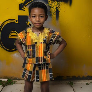 Boys Ankara Kente Style3 Print Dashiki Shorts Set